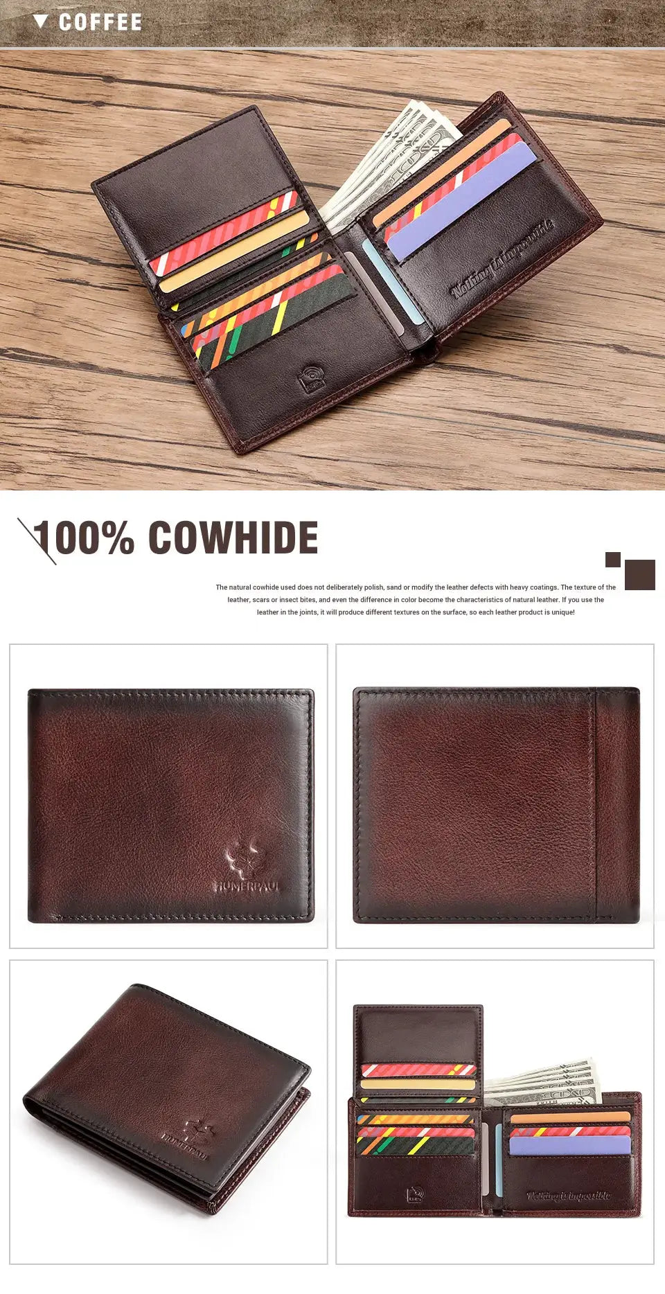 KAVIS Handmade leather RFID wallet with ID window, brown cowhide by Simples Market