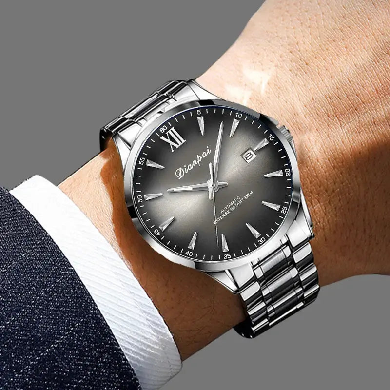 Dianpai men's stainless steel automatic watch with calendar, gradient black dial