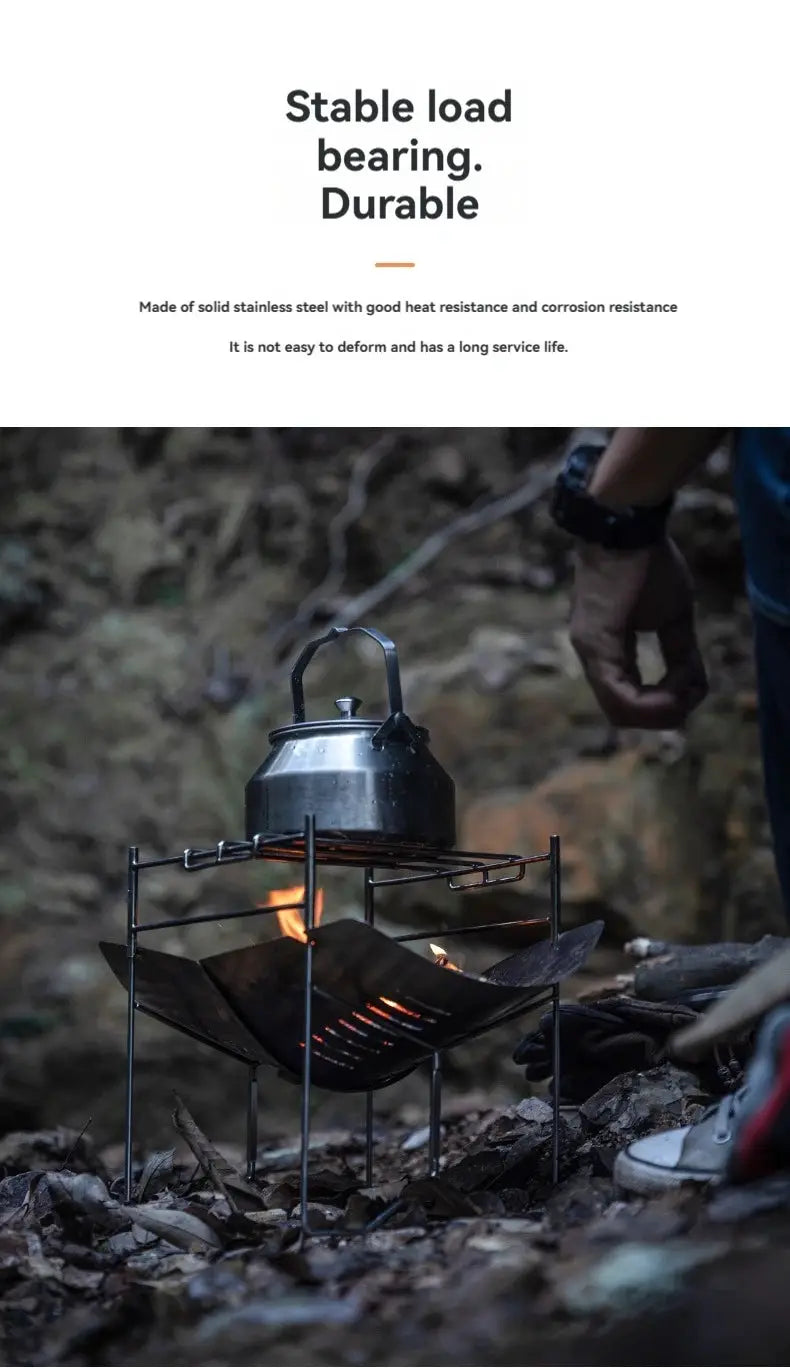 CAMPINGMOON SOLO-A4 stainless steel portable folding BBQ grill with kettle over campfire.