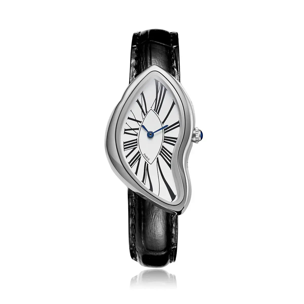 Watch by Simples Market: Alien Crash Melt Twist Y2K wristwatch with black leather strap and white Roman-numeral dial