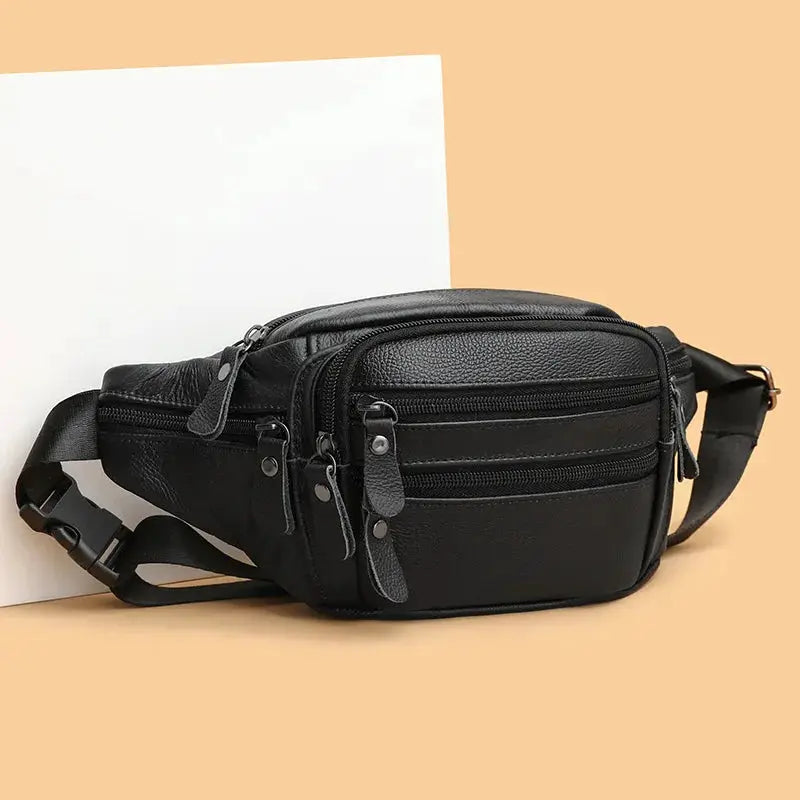 Men's genuine leather fanny pack waist bag by Simples Market, black with multiple zipper pockets