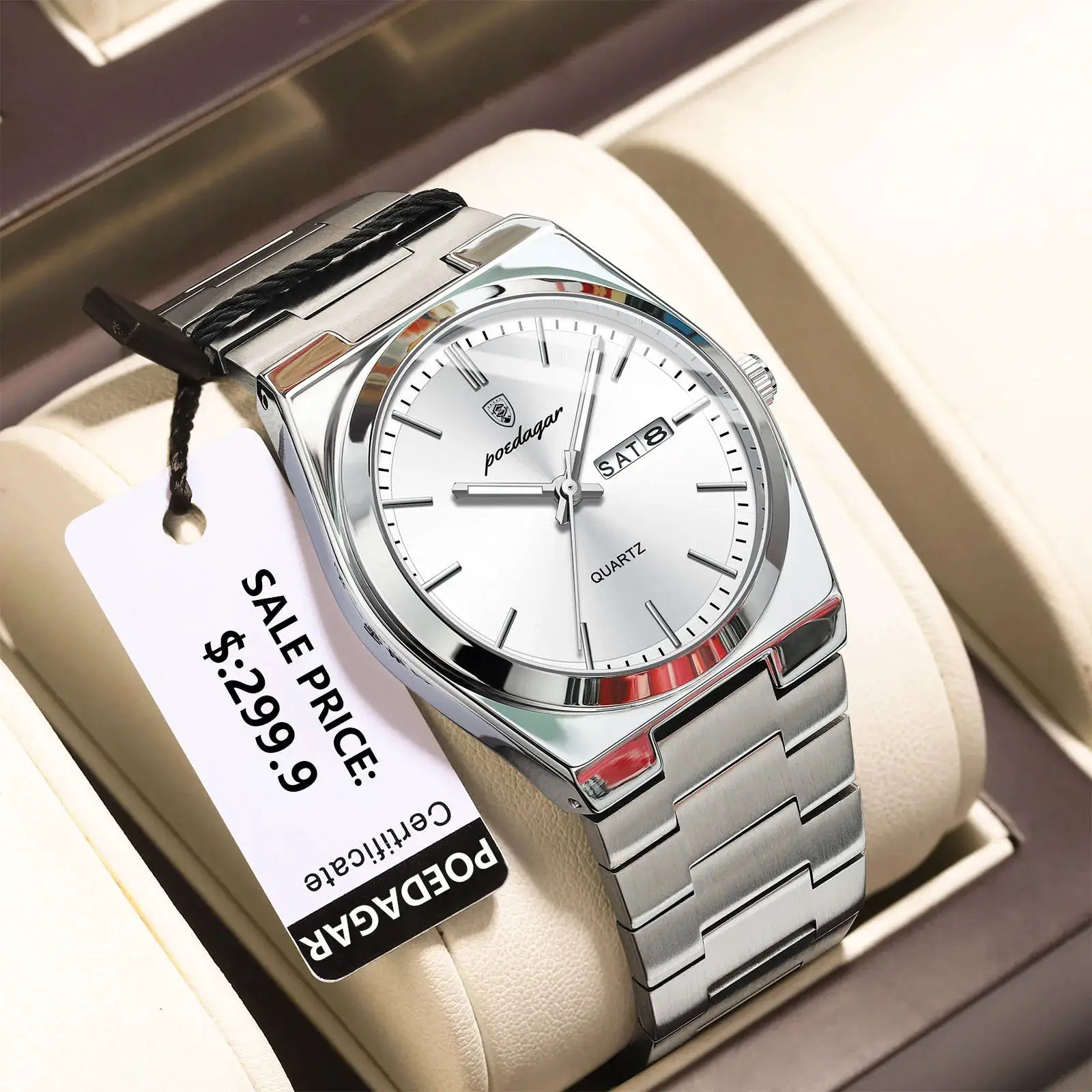 POEDAGAR stainless steel men's wristwatch with white dial and day/date window