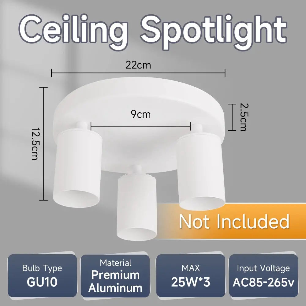 Ceiling spotlight with three white GU10 aluminum lamps, adjustable, 22cm base, bulbs not included