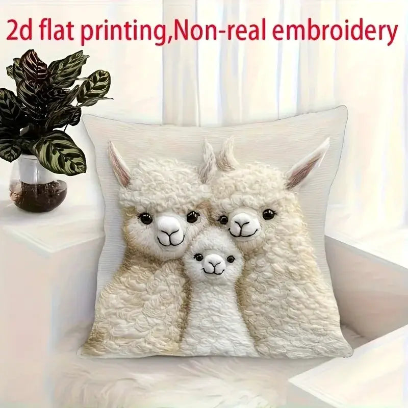Pillow cover: Cute Alpaca Family 2D flat-printed design with three beige alpacas on white background, Simples Market