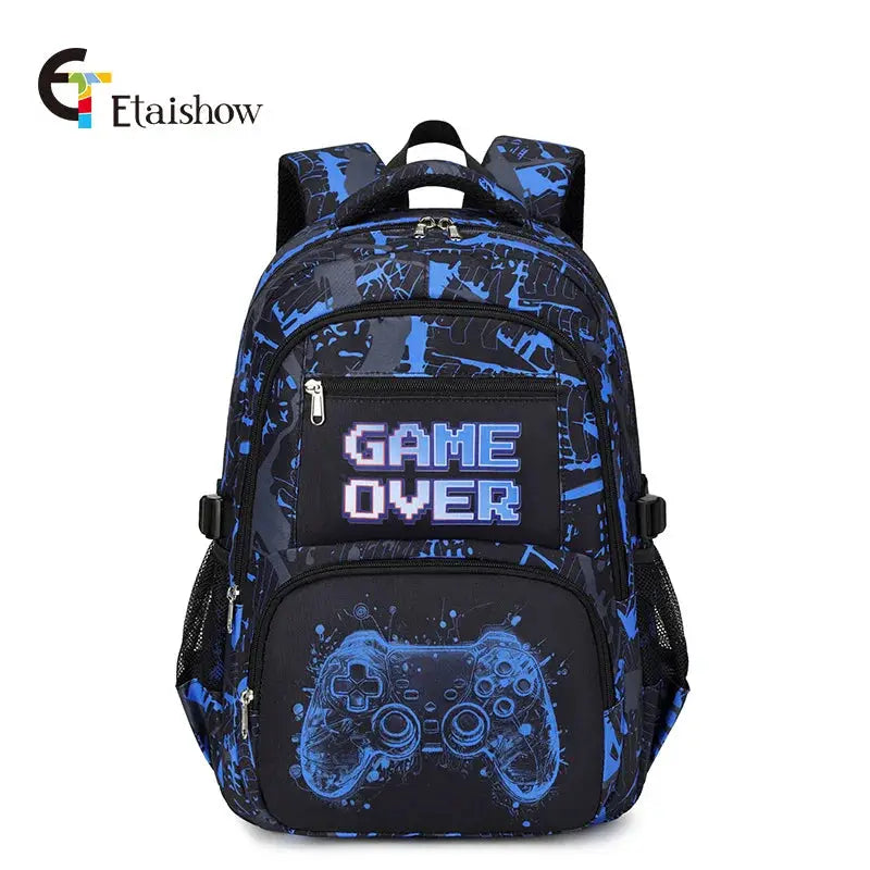 Backpack for boys in blue and black with game controller graphic and Game Over patch by Simples Market