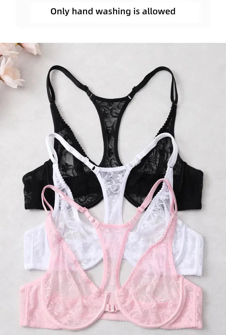 Lace sheer bras in black, white, and pink (set of 3) with floral pattern