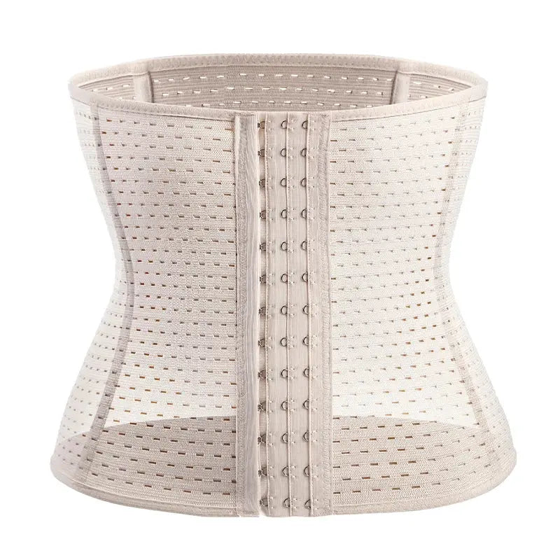 Waist trainer shapewear for men by Simples Market, beige perforated corset with front hook closures