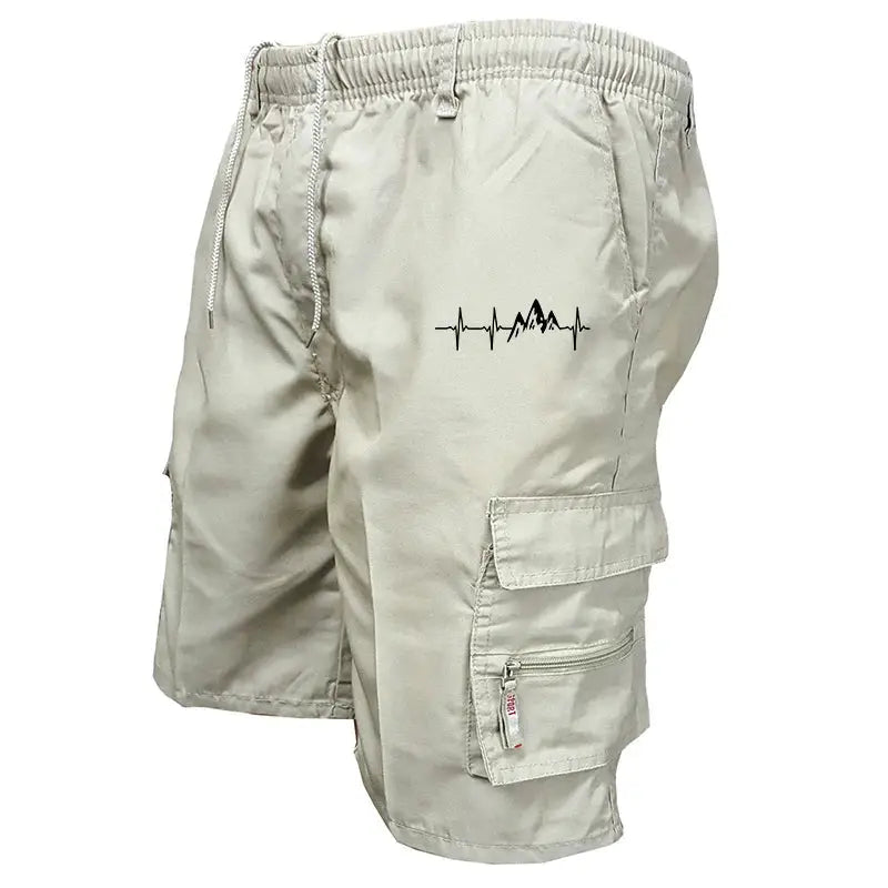 Men's cargo shorts by Simples Market in beige, loose-fit, multi-pocket with drawstring.
