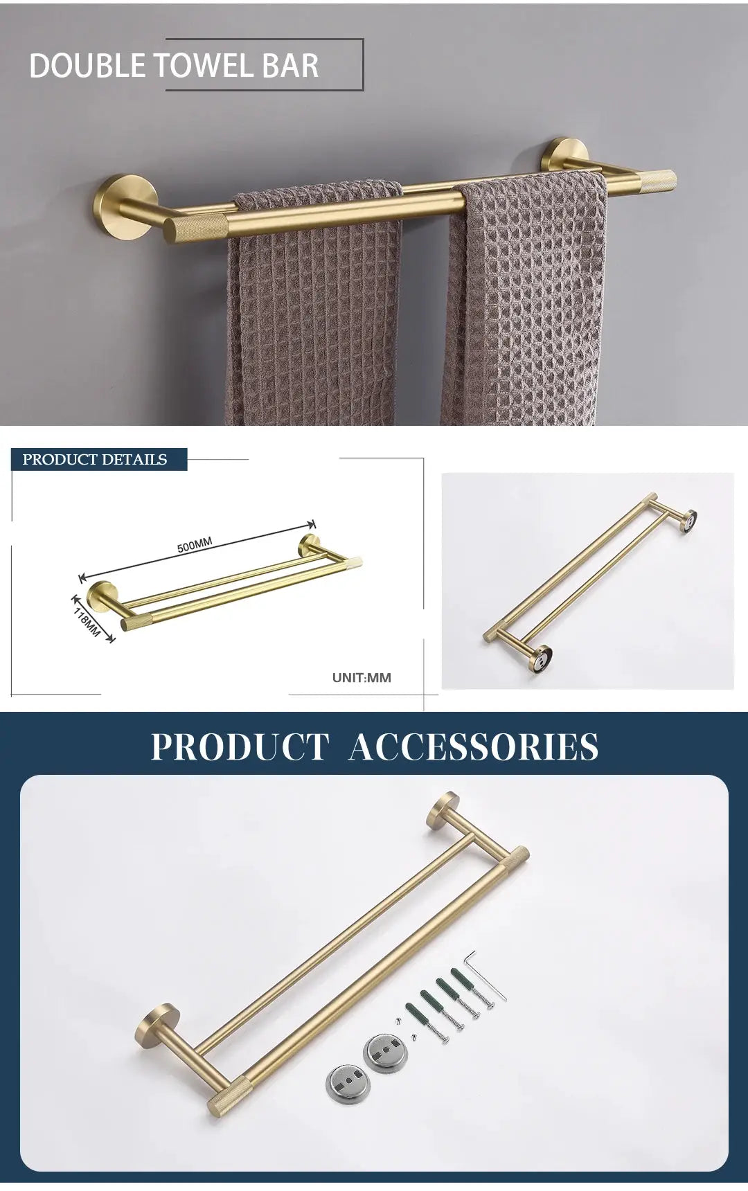 Brushed gold knurled brass bathroom hardware set with towel bar, towel ring, robe hook, toilet brush, paper holder