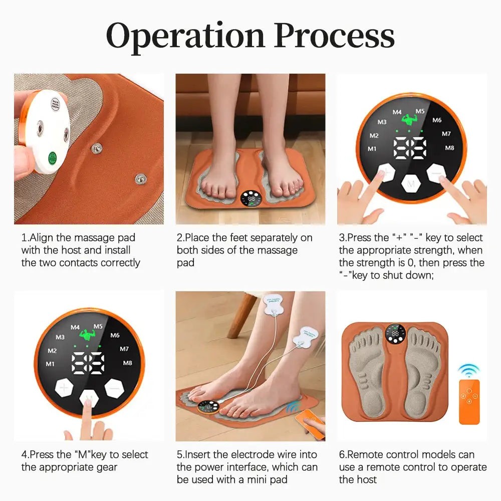 3D Smart Foot Massage Pad orange foot massager operation process infographic with six steps.