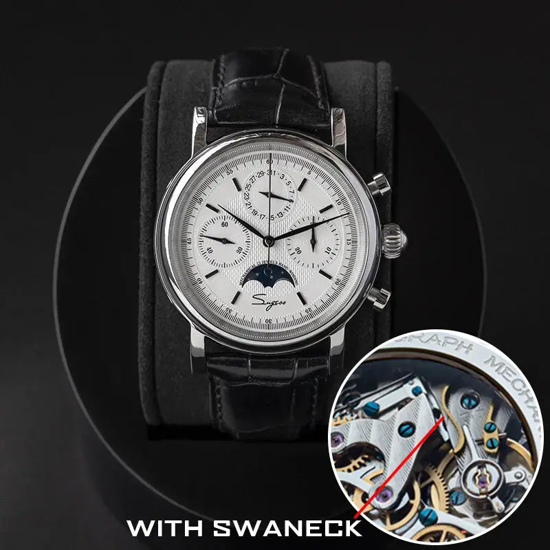 Sugess men's wristwatch ST1908 with swanneck movement, white dial, moonphase, black leather strap