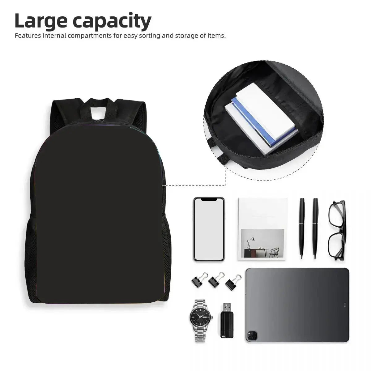 Simples Market black child school backpack with large main compartment; shown with phone, notebook and glasses.