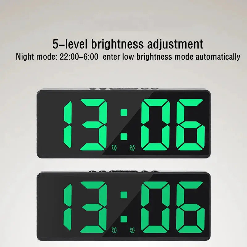 Acrylic/mirror digital alarm clock from Simples Market with voice control, night mode, and green LED display