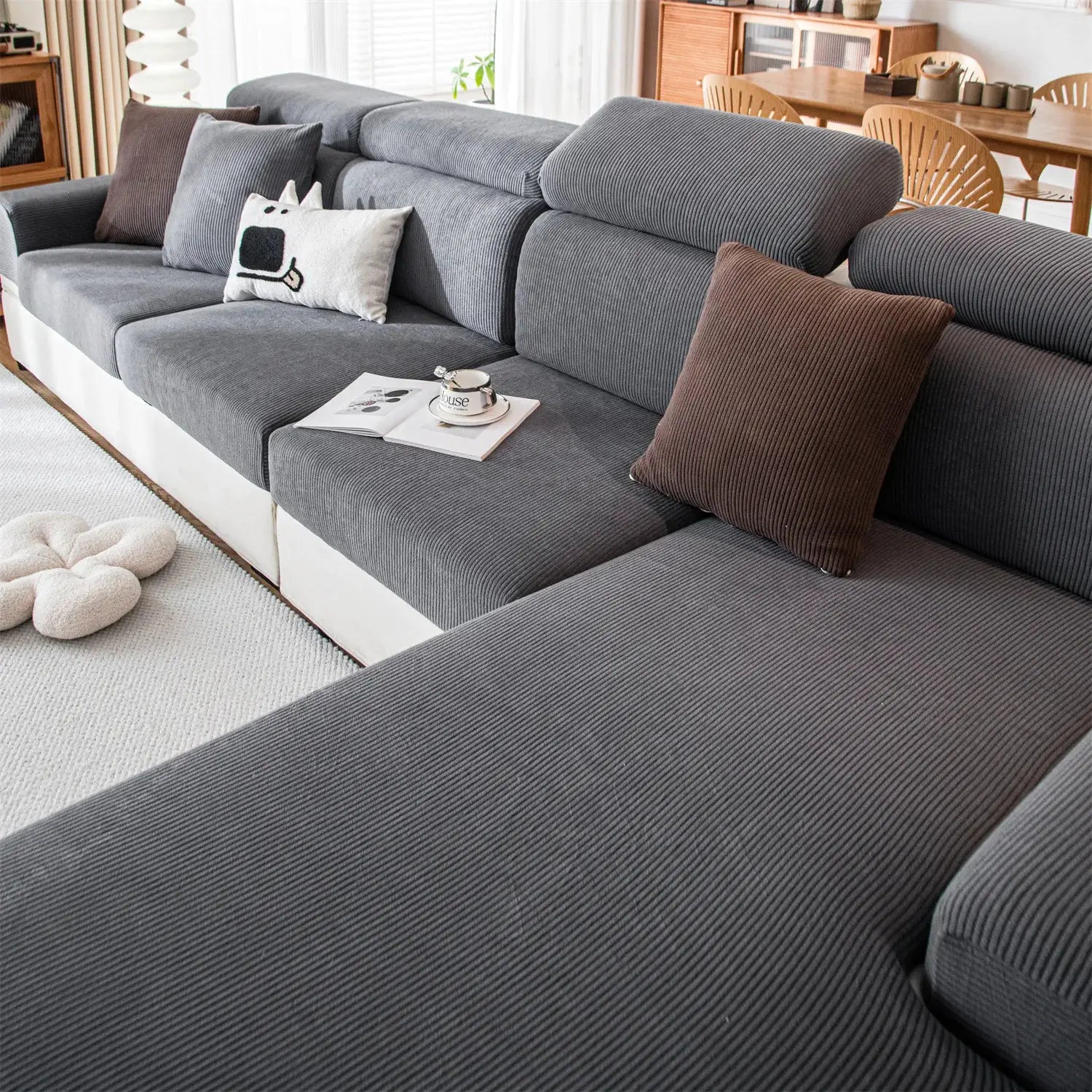 Sofa seat cushion cover in thick grey stripe jacquard, removable and washable