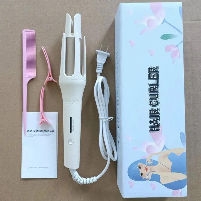 Hair curler set by Simples Market, white automatic mini curler with pink comb, clips, cord, and instruction manual.