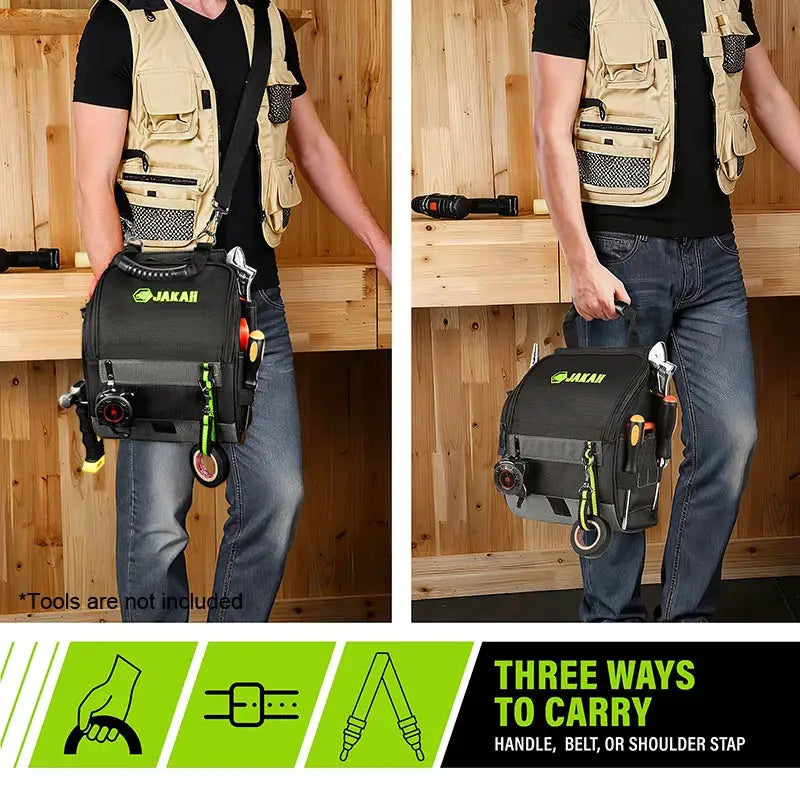 JAKAH JK-208 electrician tool pouch in black with lime-green logo; multi-pocket design with three carry options