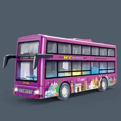 Double Decker Sightseeing Bus Model Die Cast Pull Back Toy Open Doors with Light Music for Boys