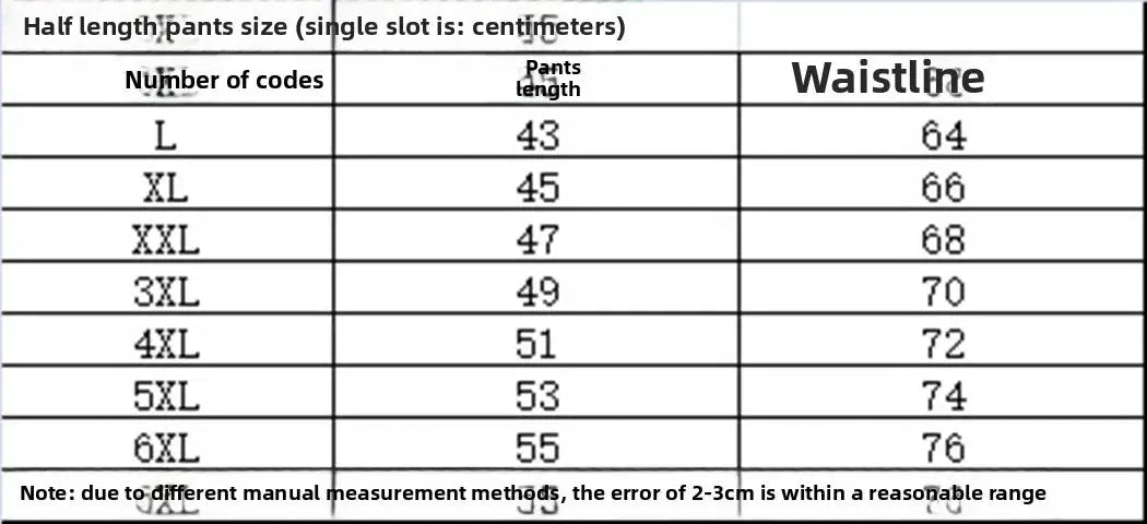 Men's shorts size chart by Simples Market showing waistline and pants length for sizes L–6XL; note 2–3 cm tolerance.