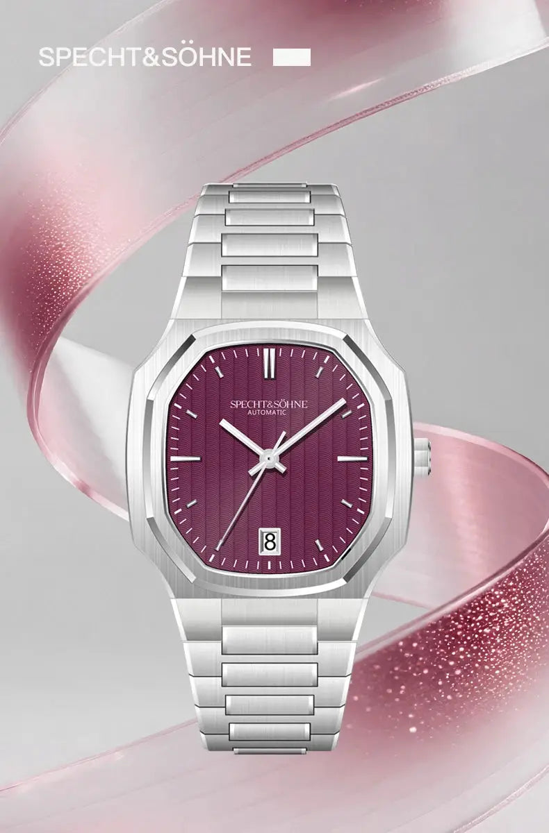 Specht&Söhne 37mm automatic men’s watch with stainless steel bracelet and burgundy dial