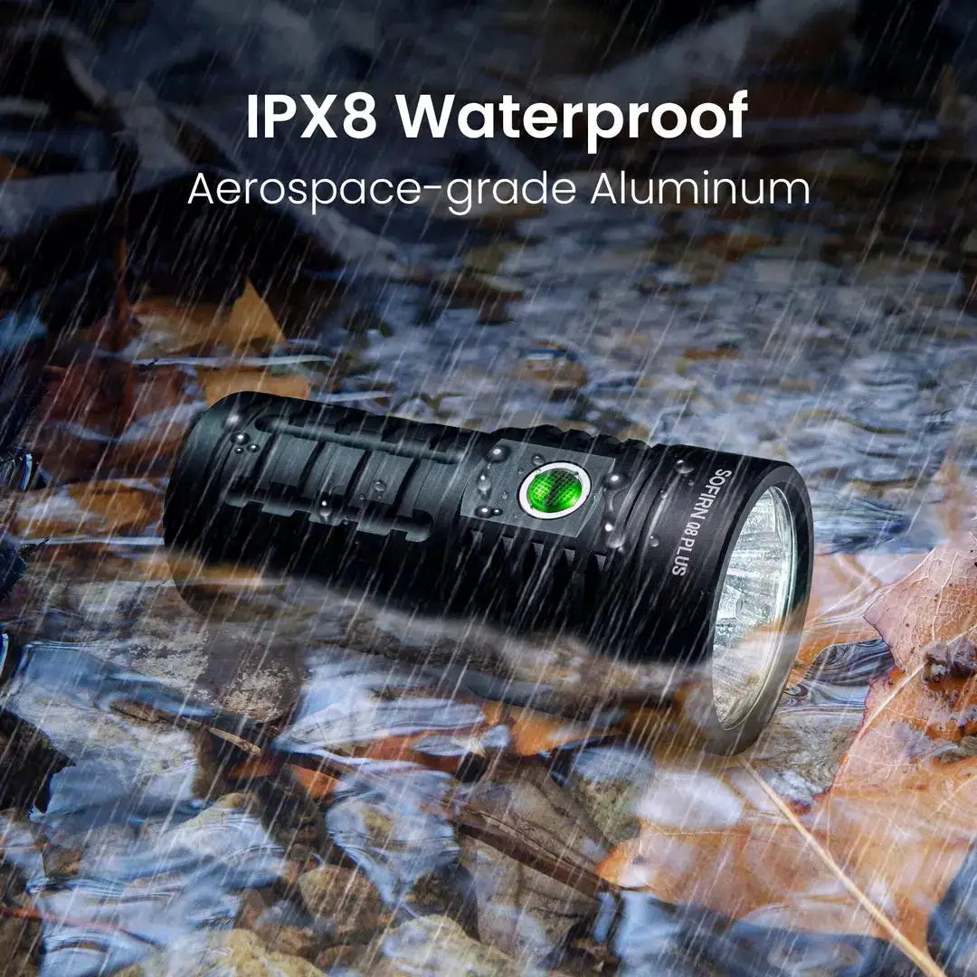 Sofirn Q8 Plus flashlight; black aerospace-grade aluminum with IPX8 waterproofing.