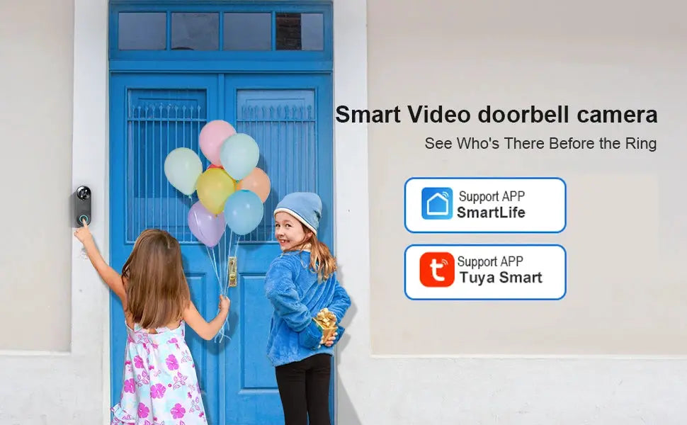 1080P wireless video doorbell camera on a blue door; two kids with balloons and SmartLife/Tuya logos