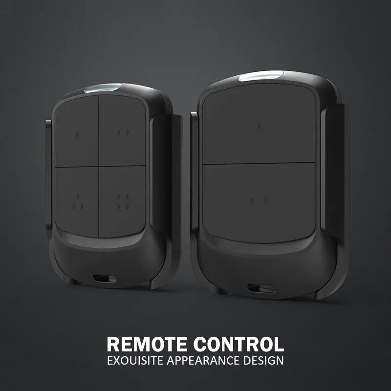 Pair of black garage door remote controls with sleek design