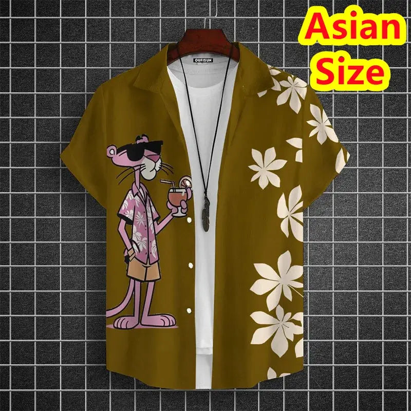 Men's casual short-sleeve shirt in olive with cartoon tiger graphic and white hibiscus floral print