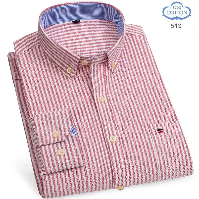 Men's red and white striped cotton oxford shirt, long sleeve, button-down by Simples Market