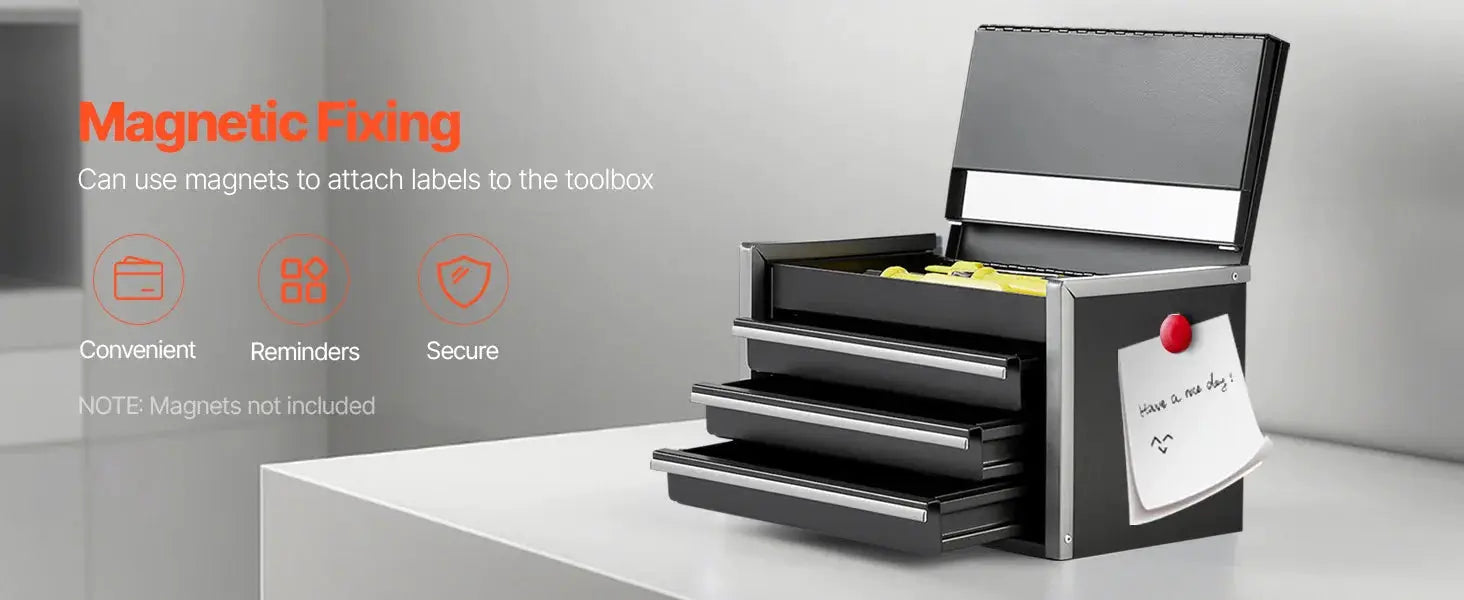 3-drawer metal tool box in black with feet pads and silver handles