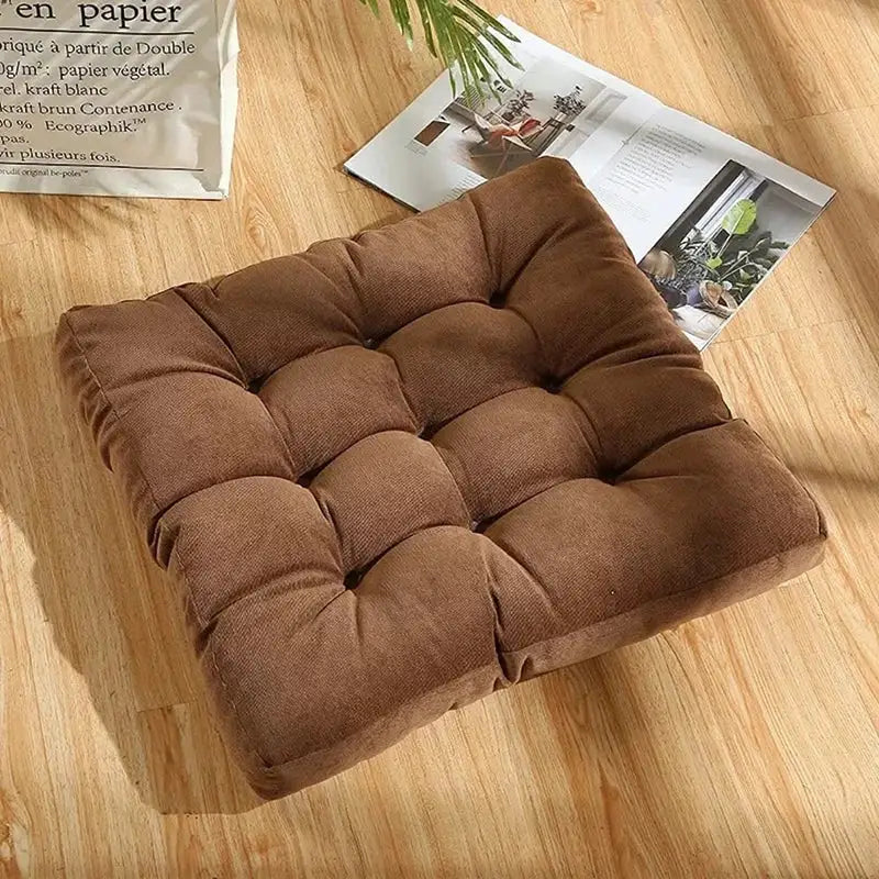 Floor cushion, brown tufted square for seating, meditation and yoga; thick padded floor pillow.