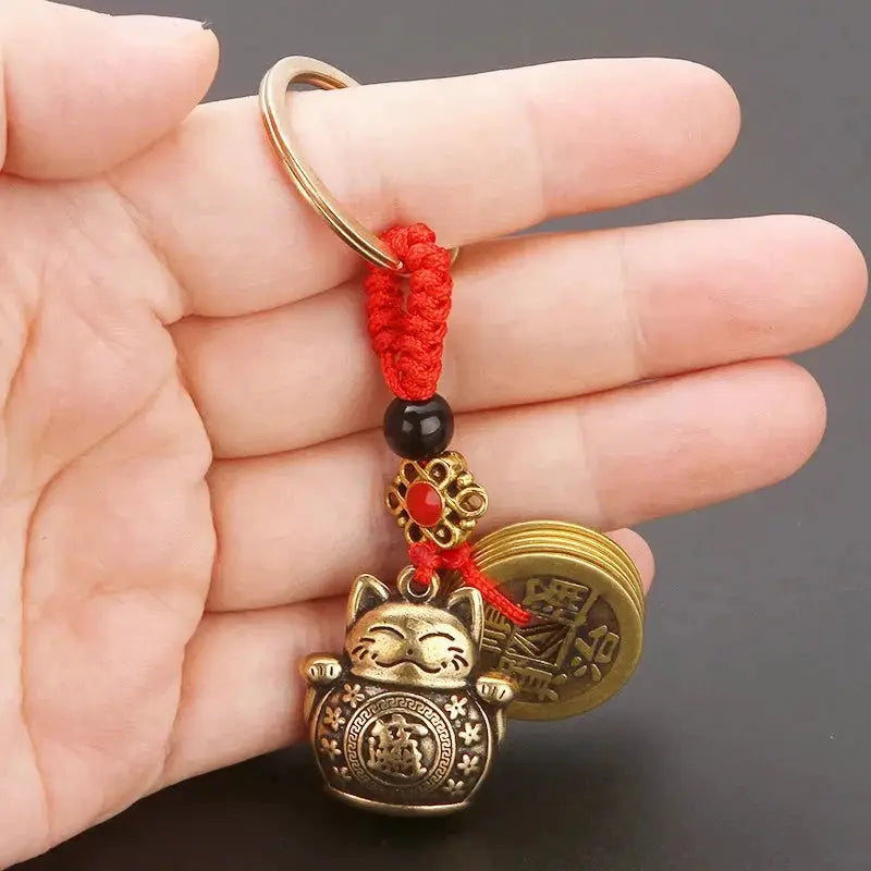 Vintage Handmade Lucky Cat Keychain With Five Emperors Coins Feng Shui Copper Alloy Gold Tone