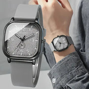 Fashion square women's watch with gray silicone strap and textured silver dial