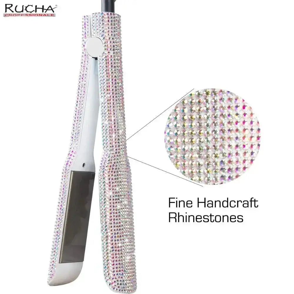 Rhinestone titanium flat iron with 2-inch plates, dual-voltage professional hair tool with LCD display Simples Market.