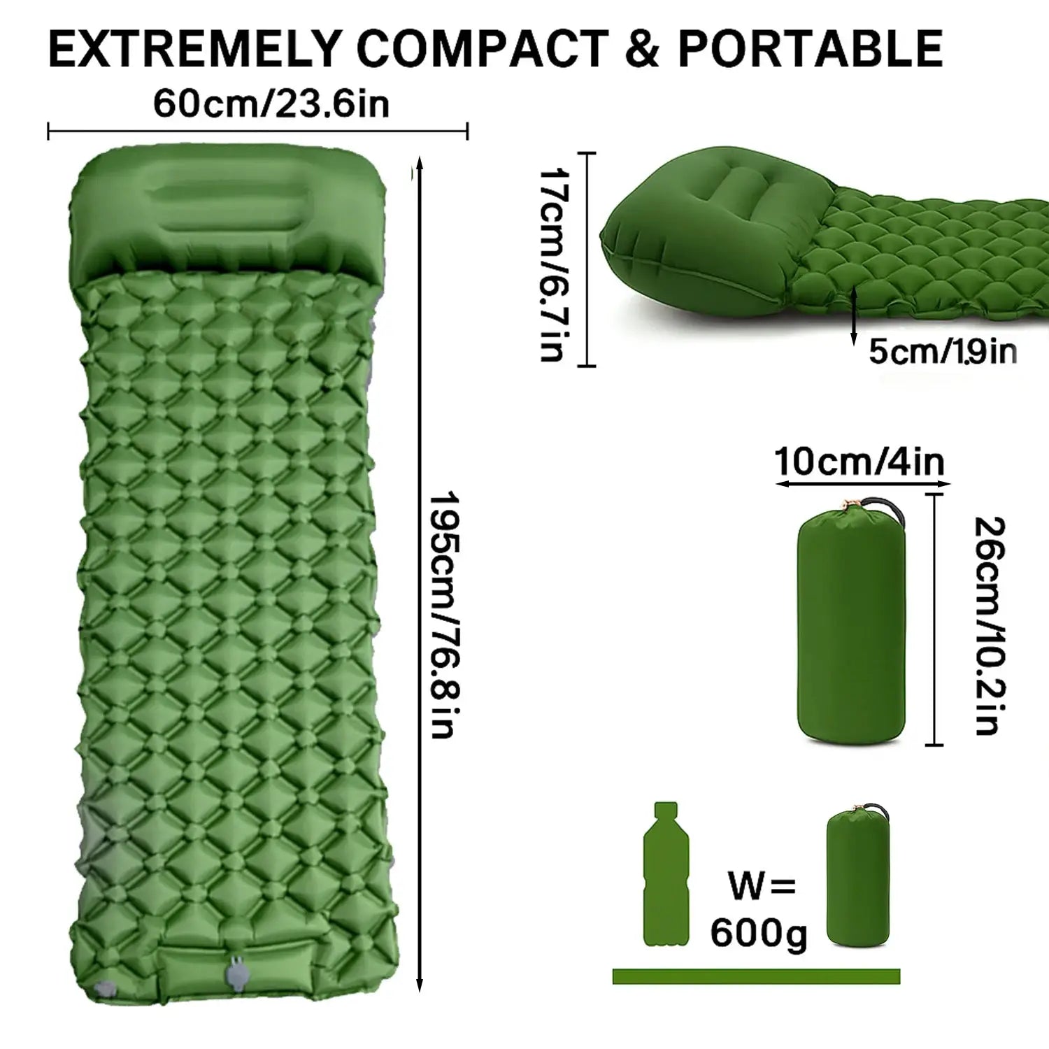 Simples Market green inflatable sleeping pad; ultralight camping mat, 195 cm long, 60 cm wide, 5 cm thick with compact roll bag