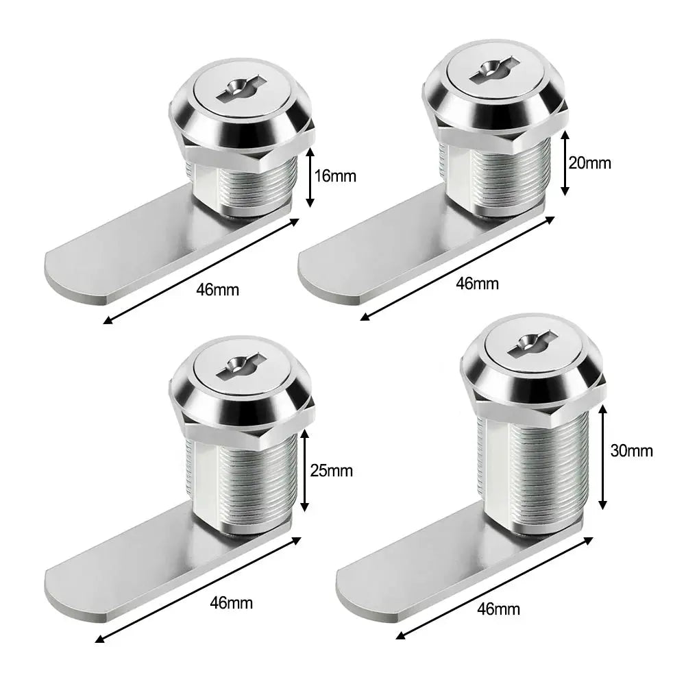 Cam lock cabinet locks by Simples Market, chrome finish, set of 4 with 46mm tongue plates and 2 keys