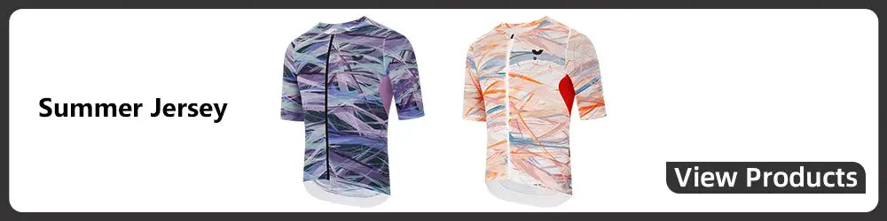 Summer jersey display showing two patterned cycling jerseys in purple-blue and peach-orange.
