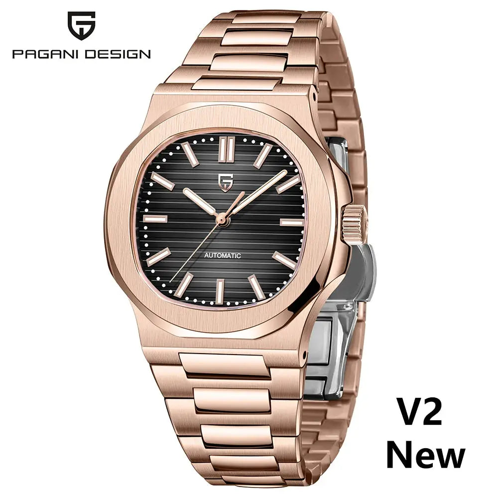 Pagani Design 40mm rose-gold stainless steel automatic men's wristwatch with a black striped dial