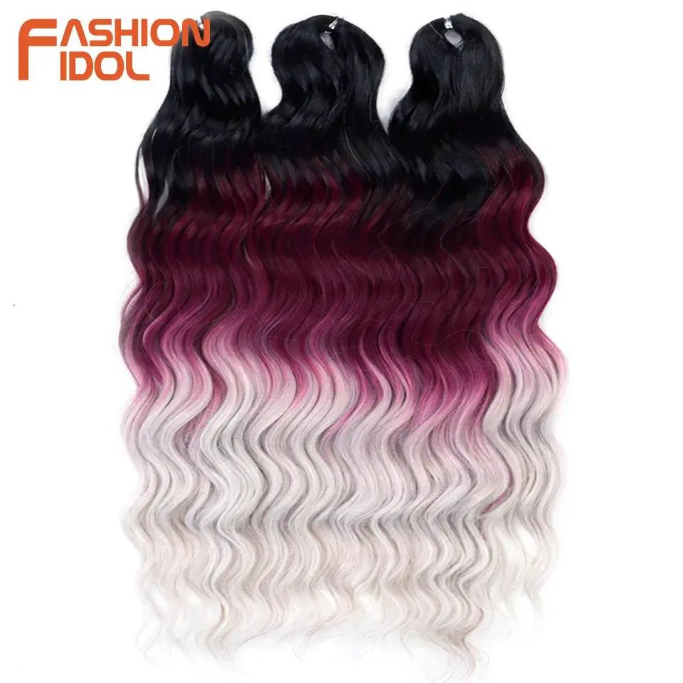 Anna 24-inch synthetic water-wave braiding hair extensions, 3 bundles, black-pink-blonde ombre; Fashion Idol logo