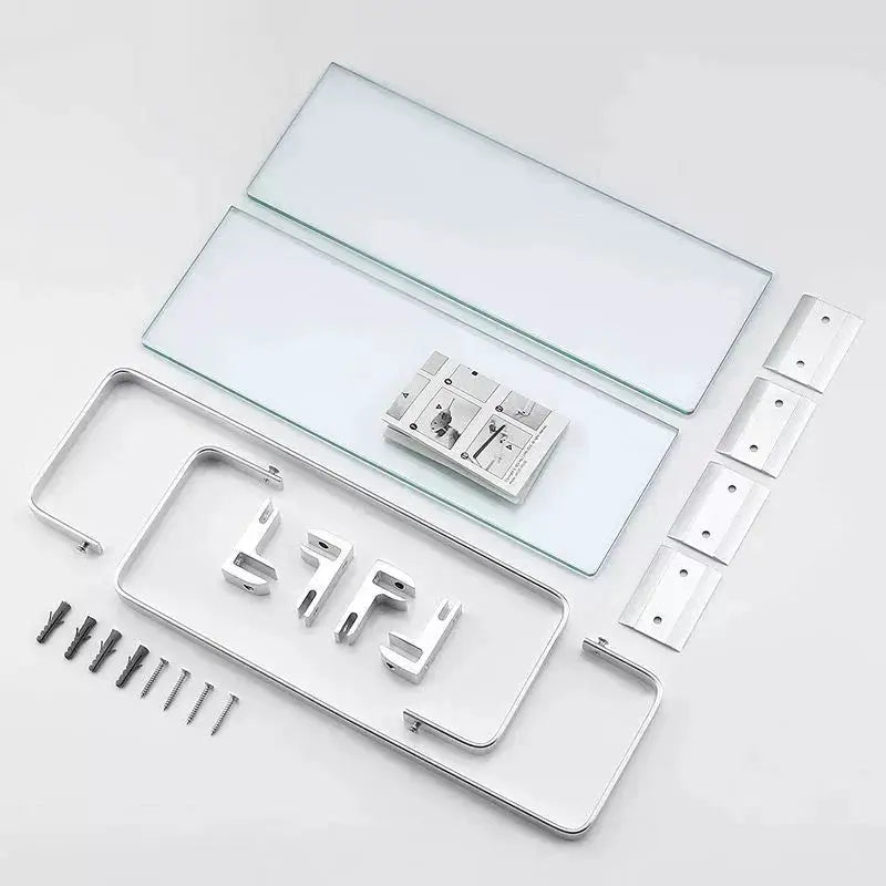 Glass bathroom wall shelf set by Simples Market with chrome brackets, two clear glass shelves and mounting hardware