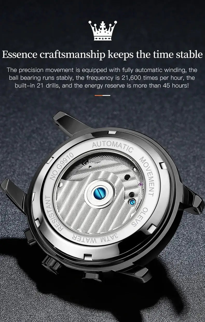 OLEVS Classic men's automatic watch with black stainless steel case and visible movement through the case back
