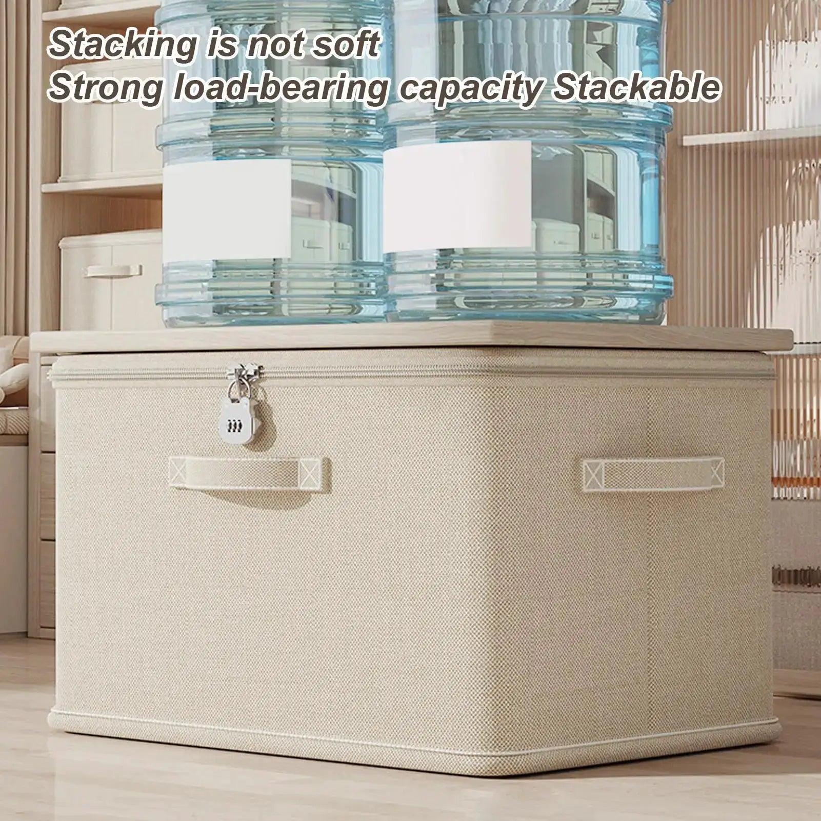 Lockable odor-proof storage box by Simples Market; beige canvas with zipper, padlock, and side handles; stackable.