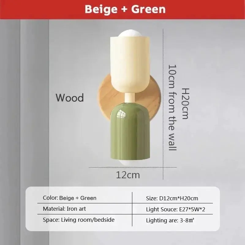 Nordic LED wall lamp by Simples Market, beige and green iron-art double-headed fixture for living room or bedside.