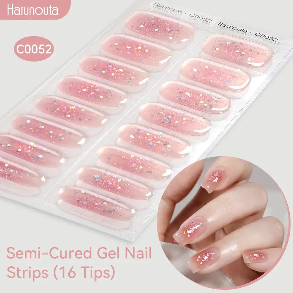 Semi-Cured Gel Nail Strips, pink glitter gradient, 16 tips, Harunouta