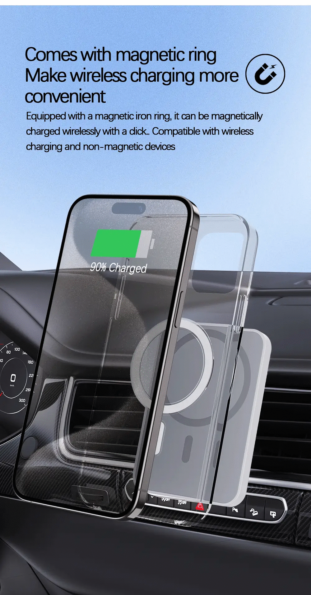 HOMEFISH black magnetic car wireless charger for phone, pad, watch; car phone holder mount with fast charging