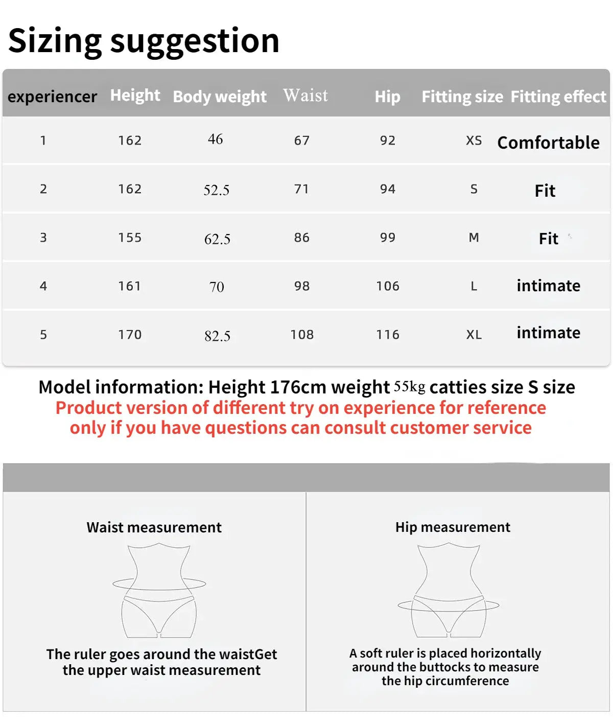 Simples Market high waist naked-feeling leggings sizing guide with model height/weight and waist-hip chart