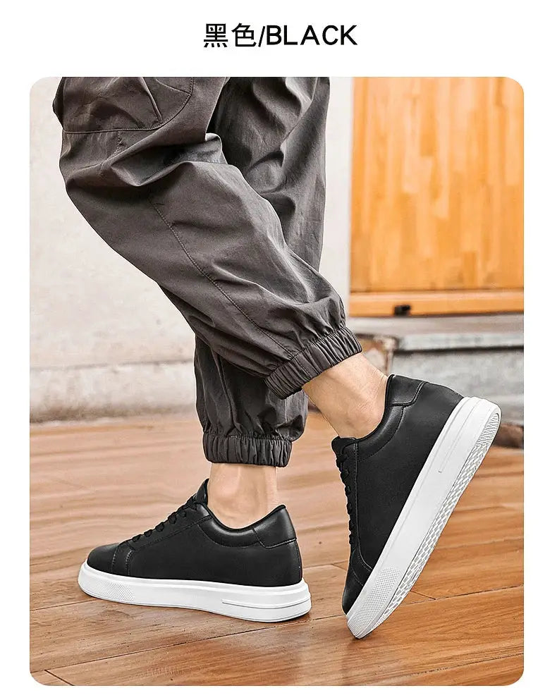 Men's black leather elevator sneakers with white platform sole