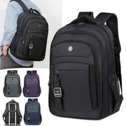 Simples Market travel backpack set of five in black, gray, purple, navy, blue with S logo and laptop compartments