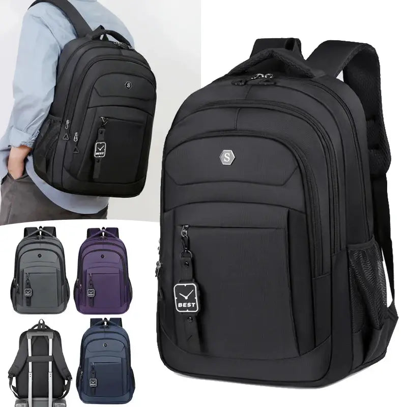 Simples Market travel backpack set of five in black, gray, purple, navy, blue with S logo and laptop compartments
