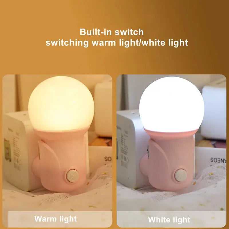 LED night light with pink base and round globe; two-color warm/white lighting and EU/US plug, Simples Market