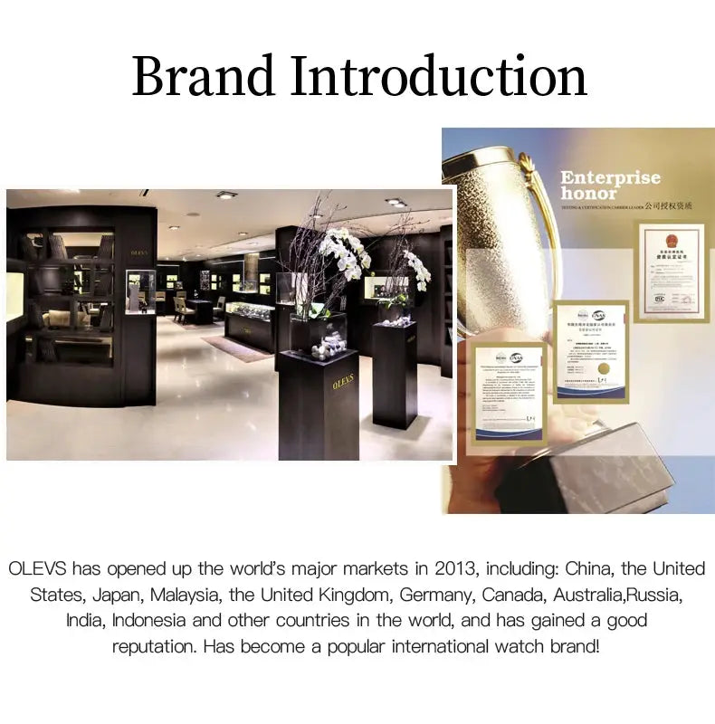 OLEVS watch brand introduction: showroom display with awards and certificates.